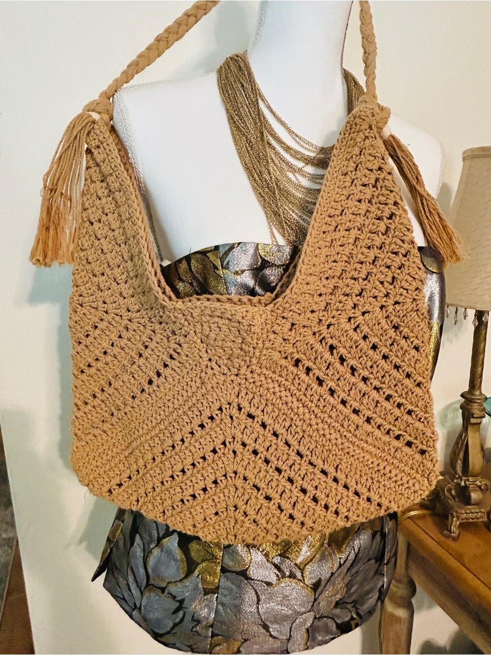 Tan Crochet Shoulder Bag with Braided Strap and Tassels